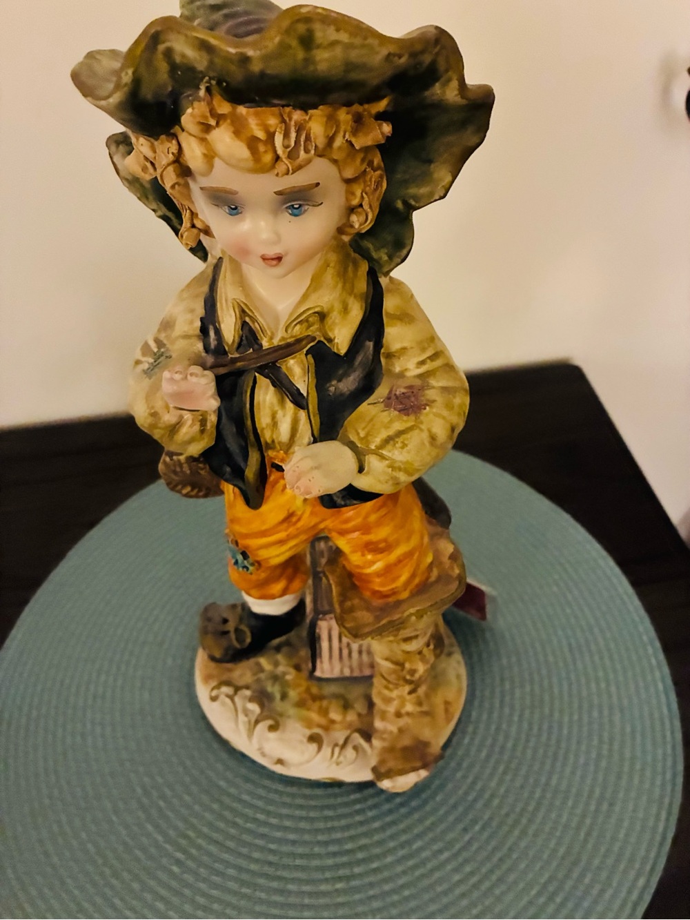 Capodimonte Vintage Hand-Painted Ceramic Boy Figurine in Green and Orange